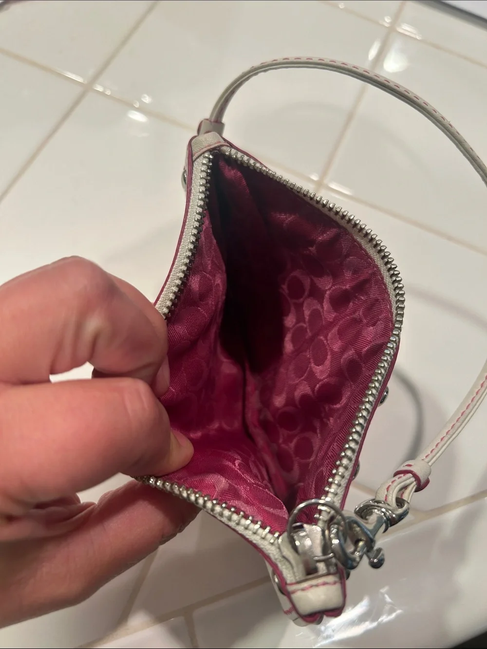 Coach White Leather Wristlet with Layered Pink & Red Heart